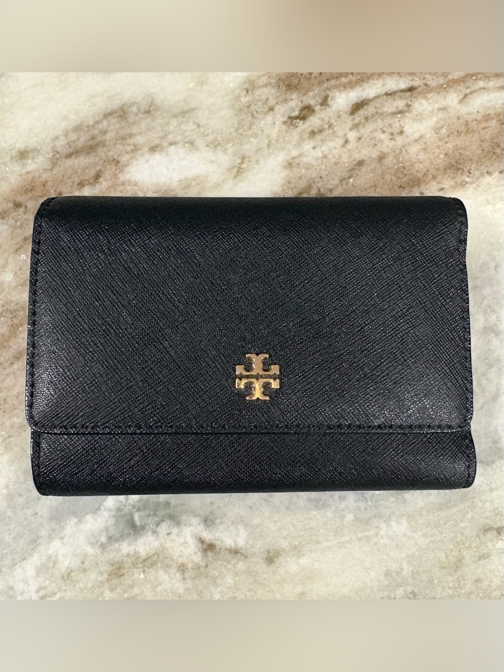 Tory Burch Classic Robinson Medium Flap Compact Trifold Saffiano Leather Wallet